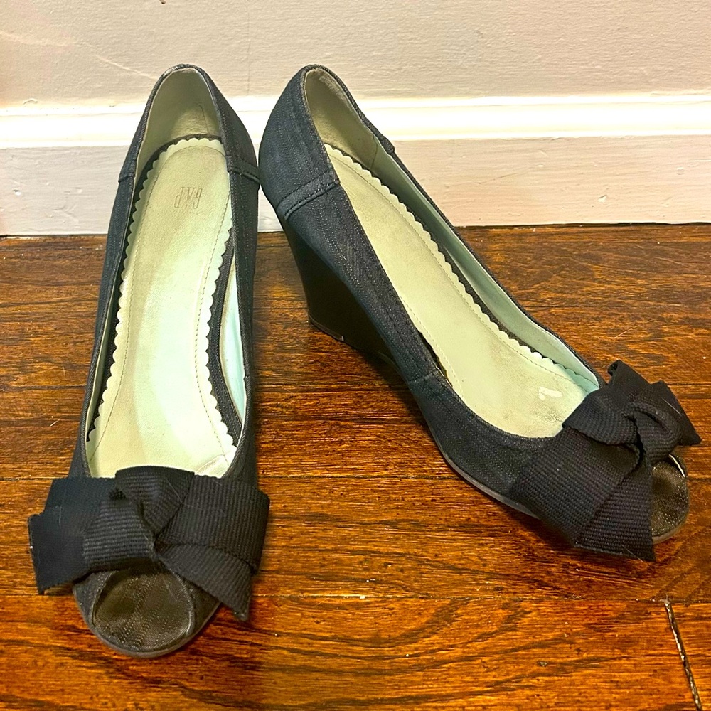 Gap Black Denim Wedge Peep Toe Shoes With Bow, Size 9